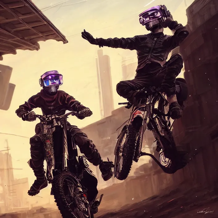 Image similar to beautiful blonde teenage boy wearing cyberpunk intricate streetwear riding dirt bike, beautiful, detailed portrait, cell shaded, 4 k, concept art, by wlop, ilya kuvshinov, artgerm, krenz cushart, greg rutkowski, pixiv. cinematic dramatic atmosphere, sharp focus, volumetric lighting, cinematic lighting, studio quality