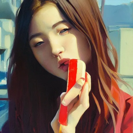 Image similar to oil painting by ilya kuvshinov,, baugh casey, rhads, coby whitmore, of a youthful japanese beauty, long hair, standing eating a popsicle outdoors by vending machines, highly detailed, breathtaking face, studio photography, dawn, intense subsurface scattering, blush, supple look, innocence, intense sunlight