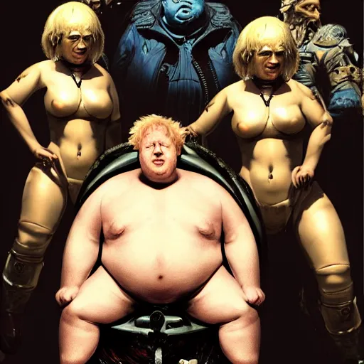 Image similar to boris johnson as baron harkonnen wearing a leather spacesuit and sitting on a throne flanked by dark priestesses, by normal rockwell and greg staples and craig mullins, science fiction character concept art, artstation - H 832