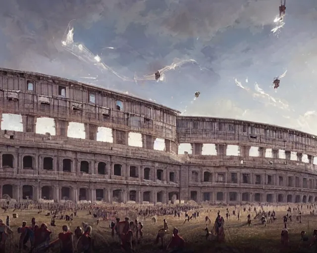 Image similar to a football stadium in the style of ancient rome architecture, art by greg rutkowski and artgerma, stunning concept art, exterior design