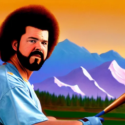 Image similar to a closeup photorealistic photograph of bob ross style kenny powers playing baseball, painting on a canvas. mountains and trees. film still. brightly lit scene. this 4 k hd image is trending on artstation, featured on behance, well - rendered, extra crisp, features intricate detail, epic composition and the style of unreal engine.