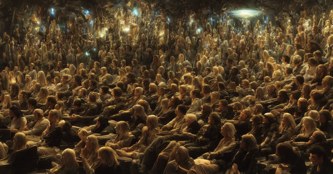 Image similar to human beings sit in the cinema and watch reflections of their lives on screen of life illusion, projecting by volumetric light of consciousness, realistic, deep sense of spirituality, visual plasticity, unreal engine quality, raytracing, vray shading, style of donato giancola