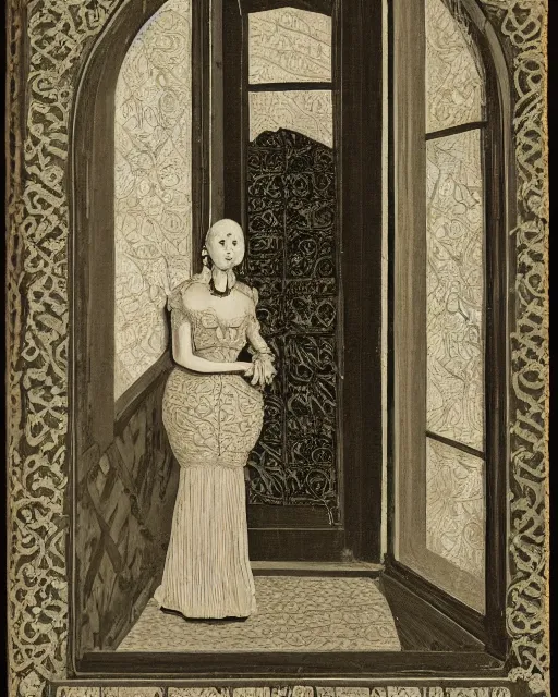 Image similar to a woman standing in a doorway, made of intricate decorative lace leaf skeleton, in the style of the dutch masters and gregory crewdson, dark and moody