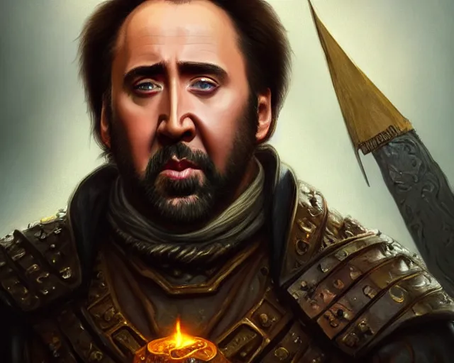 Prompt: if nicolas cage was a halfling from d & d, deep focus, d & d, fantasy, intricate, elegant, highly detailed, digital painting, artstation, concept art, matte, sharp focus, illustration, hearthstone, art by artgerm and greg rutkowski and alphonse mucha