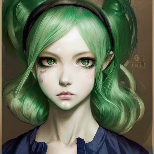 Image similar to girl with long light green hair, light green eyes, a small pigtail on the left side, chinese dress, anime style, hyper detailed, illustration, digital painting, art by artgerm and greg rutkowski and alphonse mucha, high delicate defined details, anime stylized, highly detailed, realistic, sharp focus, artstation