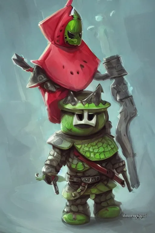 Image similar to cute anthropomorphic watermelon knight wearing a cape and a crown and holding a sniper, tiny, small, miniature bear, baby animal, short, pale blue armor, cute and adorable, pretty, beautiful, DnD character art portrait, matte fantasy painting, DeviantArt Artstation, by Jason Felix by Steve Argyle by Tyler Jacobson by Peter Mohrbacher, cinematic lighting