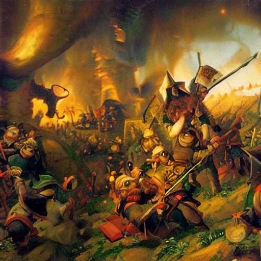 Image similar to an epic gnome battle scene, the attack of suicide dwarves, a detailed oil painting by William Byrd, the Battell style