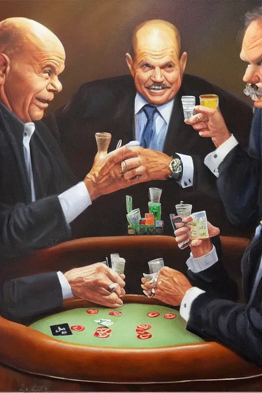 Prompt: don rickles and norm macdonald are playing poker in a smoky old pub, oil painting by wilson mclean, sharp focus, masterpiece, highly detailed