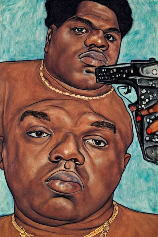 Prompt: a portrait of biggie smalls pointing an uzi toward the viewer by egon schiele, masterpiece, hyperdetailed, complex, intricate, old school, 9 0 s, 4 k, trending on artstation