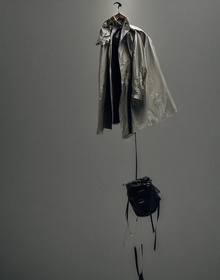 Image similar to close - up portrait of an empty slick fashionable zara raincoat floating suspended mid - air on a glittering rainy display designed by james terrell, wes anderson, symmetry, rule of thirds