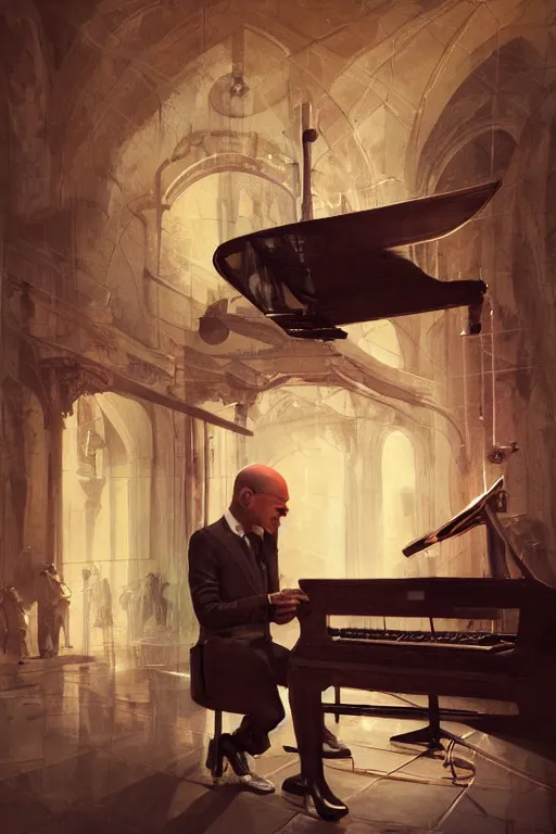 Prompt: an expressive full body portrait of agent 4 7 playing the piano in a monastery, dark background, red rim light, digital art, artstation, concept art by giger stalenhag