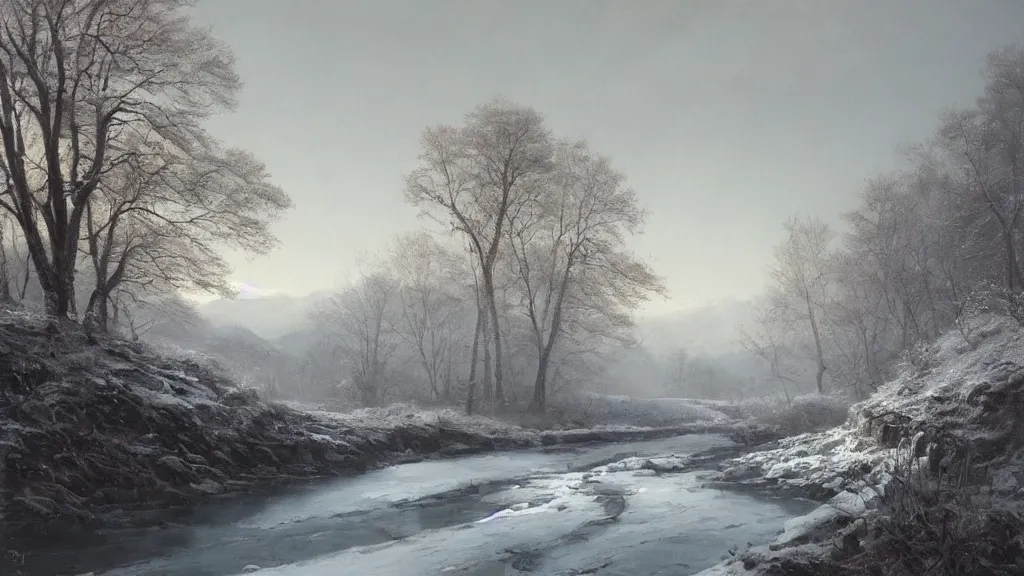 Image similar to A beautiful landscape oil painting of a hill with trees, the winter has arrived and the leafs are covered with snow to become white, the river is zigzagging and and frozen, the river has lots of dark grey rocks, by Greg Rutkowski