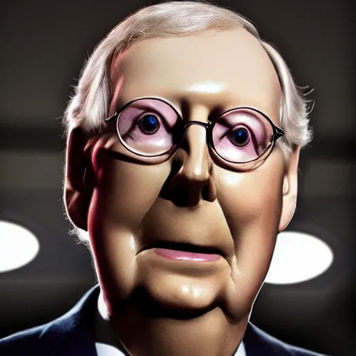 Prompt: the melting slimy face of villain mitch mcconnell flesh monster. horror film photograph.