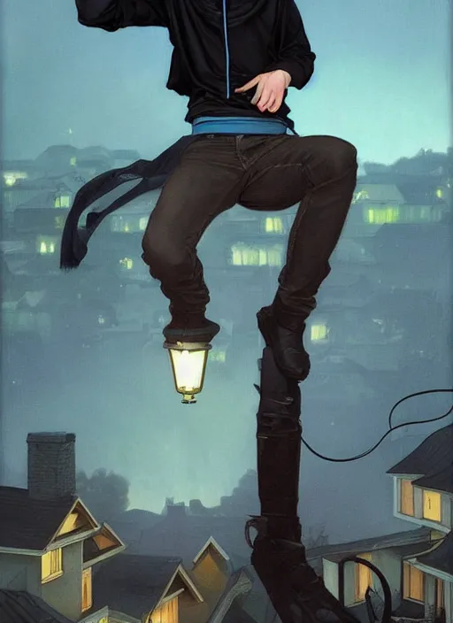 Image similar to handsome young man with short black hair, glowing light blue eyes, pale skin, crouching on the roof of a house, in a neighbourhood, at night, wearing jeans and a black hoodie, realistic painting by ross tran and gerald brom and alphonse mucha, trending on artstation