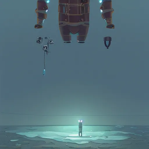 Image similar to Armored diving suit underwater, by Simon Stalenhag