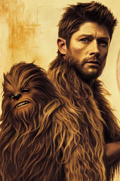 Prompt: a detailed matte portrait of an jensen ackles dressed as has solo and misha collins as chewbacca, masterpiece, 8 k, art by alphonse mucha and greg rutkowski