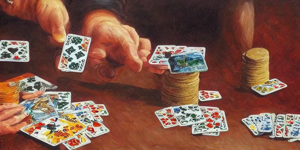 Image similar to impressive card shuffling, oil painting