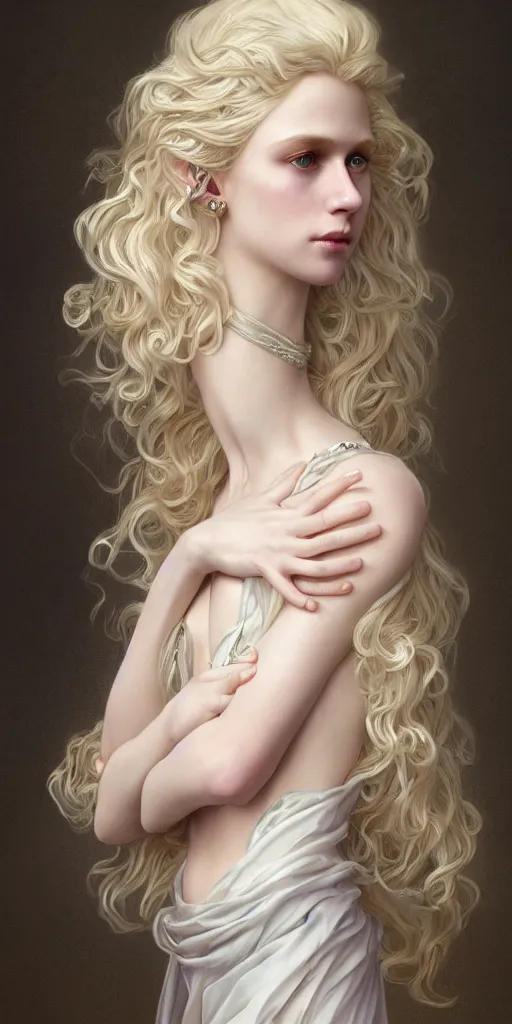 Prompt: a realistic liquid pale blond prince with a decorated dress made of white pearls , highly detailed, digital painting, very very very pale skin, long curly blond hair, Trending on artstation , HD quality, by artgerm and greg rutkowski and alphonse mucha, dramatic light, octane