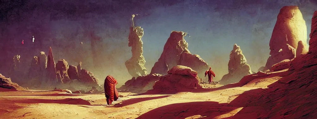 Prompt: A fresco painting of a nomadic wanderer traversing a corrupted futuristic crystal desert by Jacek Yurka, Kelly Freas, Filip Hodas, Paul Lehr, Dan Mumford, Max Ernst, Roger Dean, Caspar David Friedrich, Barclay Shaw, Jeffrey Smith, Jean Giraud