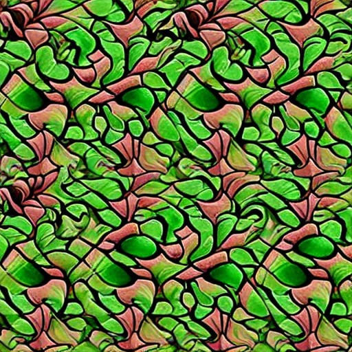 Image similar to green dragon surrounded by tessellation of rosebuds, by mc escher, fractal