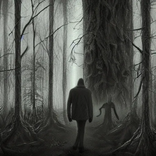 Image similar to man looking at camera in the forest, night time, surrounded by tall faceless creatures, horror, dark, eldritch, grainy film, artstation, realistic, detailed