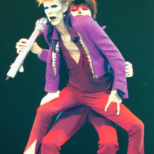 Image similar to david bowie from changes giving a piggy back ride to ziggy stardust. glam rock. by katsushika oi