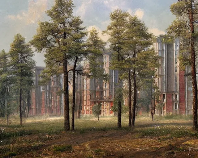 Image similar to beautiful matte painting of cute soviet block of flats hrushevka in end of forest by ivan shishkin,