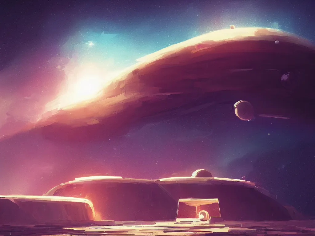 Prompt: a minimalist deep space space station floating next to a stormy desert planet by alena aenami speedart