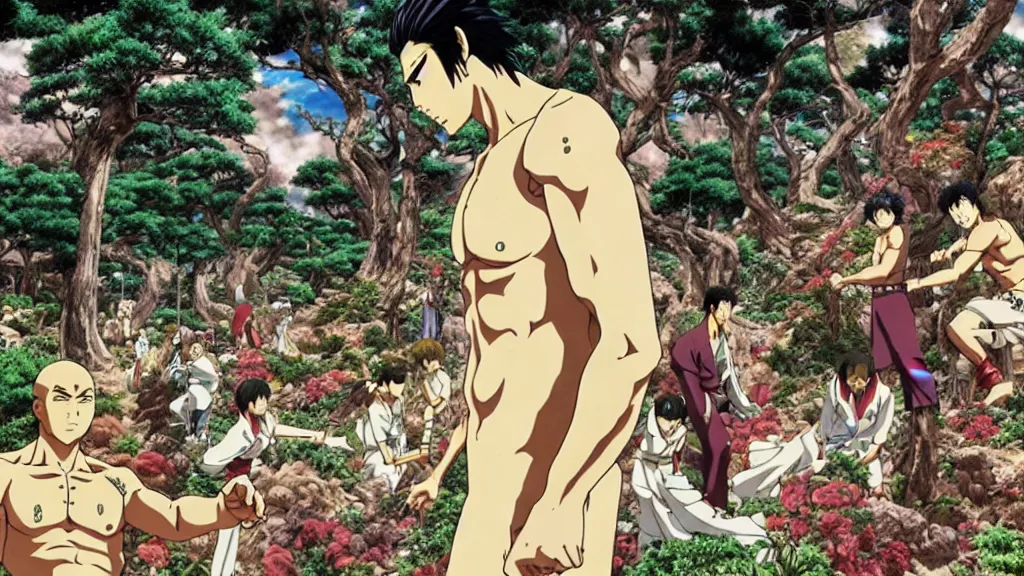 Image similar to yakuza war in the biblical garden of eden, anime film still from the an anime directed by katsuhiro otomo with art direction by salvador dali, wide lens