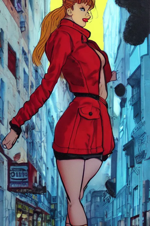 Prompt: portrait of an attractive young female protagonist, center focus, wearing leather jacket, red ponytail, in city street, artwork by ralph bakshi
