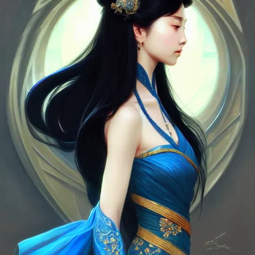 Image similar to ‘elegant Chinese princess, D&D, blue eyes, black hair, fantasy, intricate, elegant, highly detailed, digital painting, artstation, concept art, smooth, sharp focus, illustration, art by artgerm and greg rutkowski and alphonse mucha’