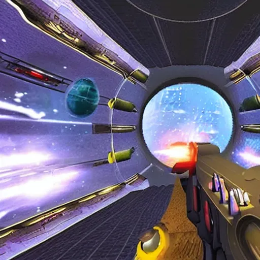 Image similar to a first person shooter game in amongus spaceship