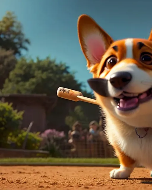 Image similar to weta disney pixar movie still photo of funny corgi with baseball bat : : dog by pixar : : by weta, greg rutkowski, wlop, ilya kuvshinov, rossdraws, artgerm, marvel, maxim cover, latex, octane render, sweaty, iridescent, bright morning, anime, liosh, mucha : :