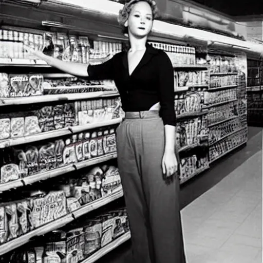 Image similar to jennifer lawrence in a grocery store in the 1950's, high quality, hyper realistic,