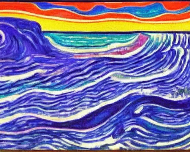 Image similar to Ocean waves in a psychedelic dream world. DMT. Landscape painting by Edvard Munch. David Hockney.