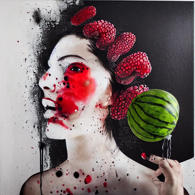 Prompt: apartment with black walls, portrait of a woman holding her heart and brain, watermelon, berries dripping juice, pomegranate, sensual, seaweed, berries, octopus, scientific glassware, neo - expressionism, surrealism, acrylic and spray paint and oilstick on canvas