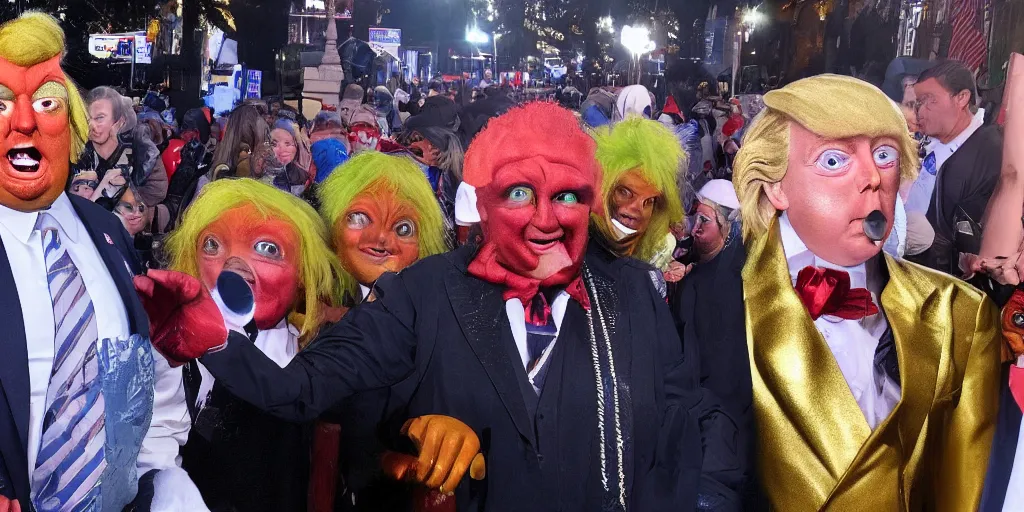 Prompt: photo of real life oompa loompas resembling donald trump, creepy!!!, scaly!!!, gritty!!!, menacing!!!, evil, ultra realistic, gritty, winter, golden hour, volumetric lighting, sharp focus