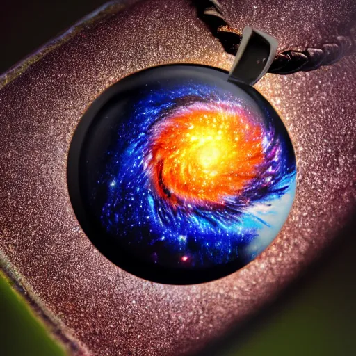 Image similar to close up on a pendant containing a galaxy full of life, 8k, macro lens, surrealistic art, vivid colors