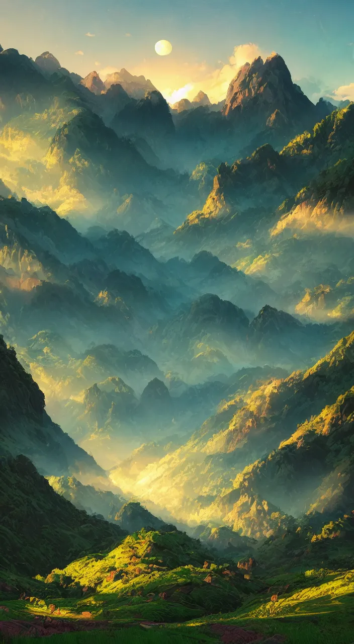 Prompt: lush green valley with magestic mountains in the background, pink clouds backlit by yellow sun, nostalgic, calming, aesthetic, volumetric fog, godrays, high contrast, high contrast, high contrast, vibrant colors, vivid colors, high saturation, by Greg Rutkowski and Jesper Ejsing and Raymond Swanland and alena aenami, featured on artstation, wide angle, vertical orientation