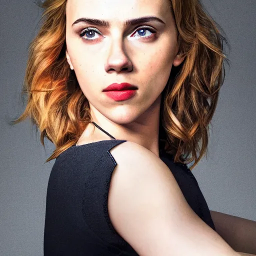 Image similar to a woman who is a genetic combination of scarlett johansson and emma watson face and upper - body focus