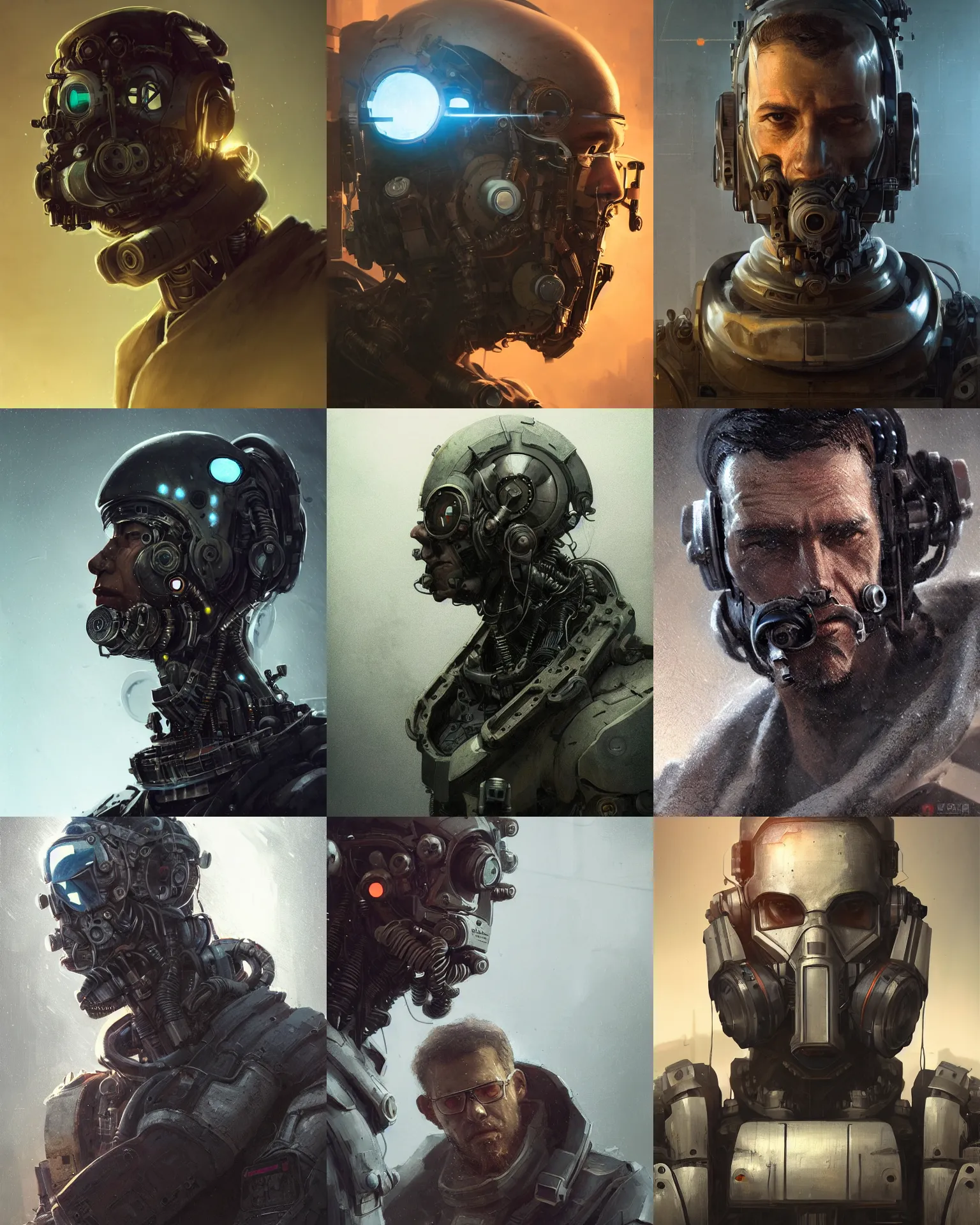 Prompt: a rugged research engineer man with cybernetic enhancements, detailed optics mask, scifi character portrait by greg rutkowski, esuthio, craig mullins, 1 / 4 headshot, cinematic lighting, dystopian scifi gear, gloomy, profile picture, mechanical, half robot, implants, steampunk, warm colors