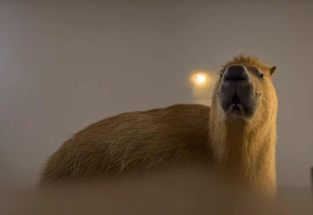 Prompt: photo of a capybara in the backrooms, yellow light