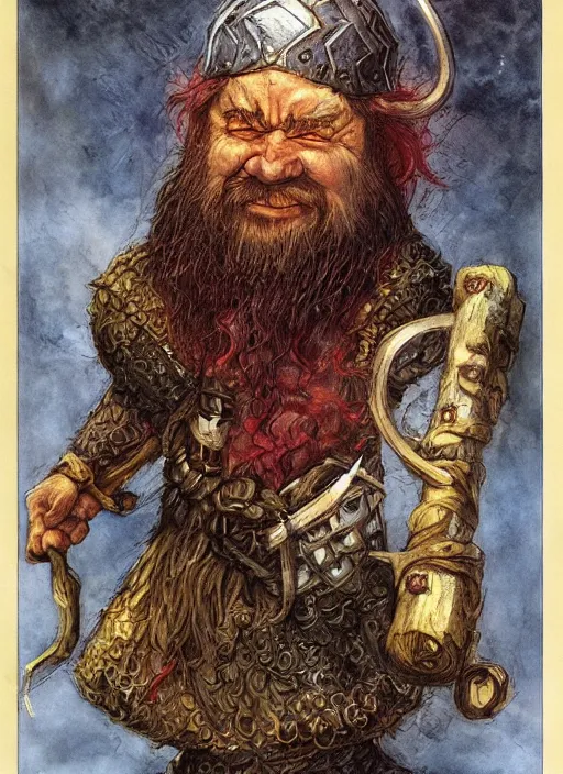 Image similar to portrait of dwarf wizard, beautiful! coherent! dungeons and dragons character, by brian froud, strong line, deep color, chainmail, short red hair, high contrast