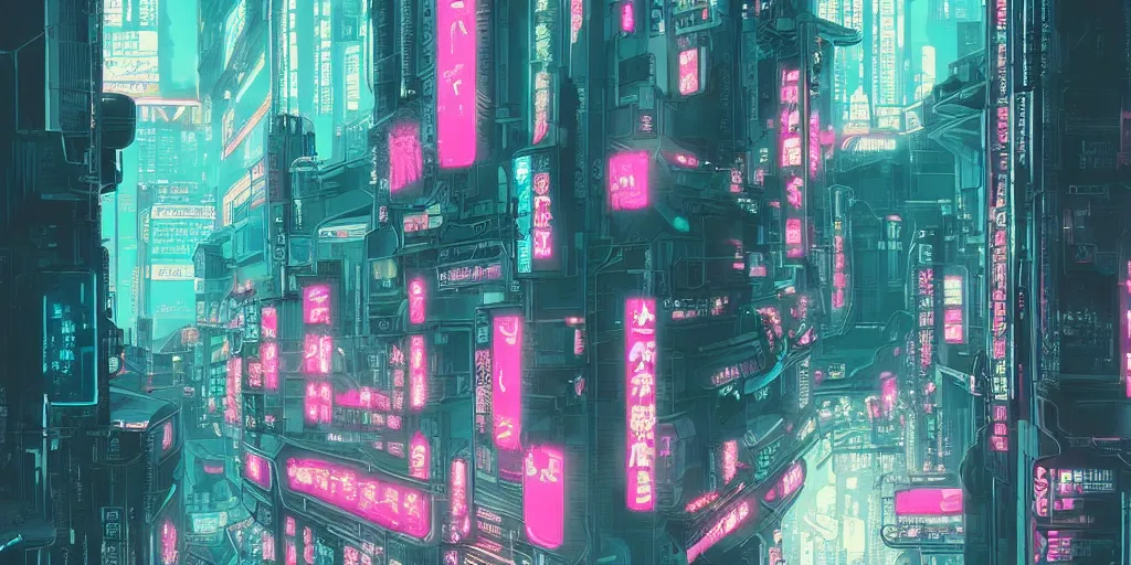 Prompt: beautiful japanese cyberpunk futuristic landscape painting, teal and pink, by tuomas korpi, dan mumford, trending on artstation