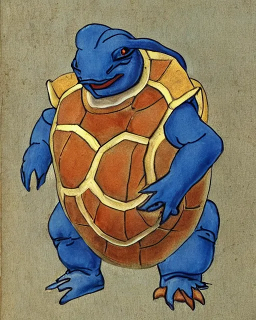 Image similar to a manuscript painting of Blastoise in the style of the Rochester Bestiary, Ashmole Bestiary