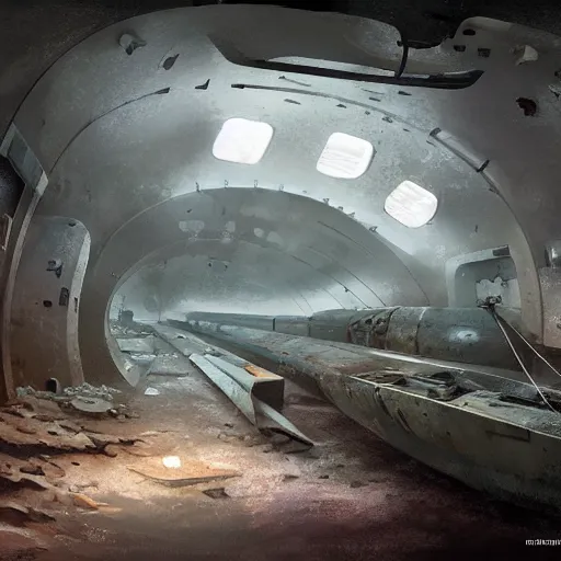 Image similar to inside an narrow quarter room of an abandonned ussr submarine, dim lighting with very small lightrays, comming, concept art, 4 k, hd, art station trending, sergii ivanchenko, sharp and highly detailed