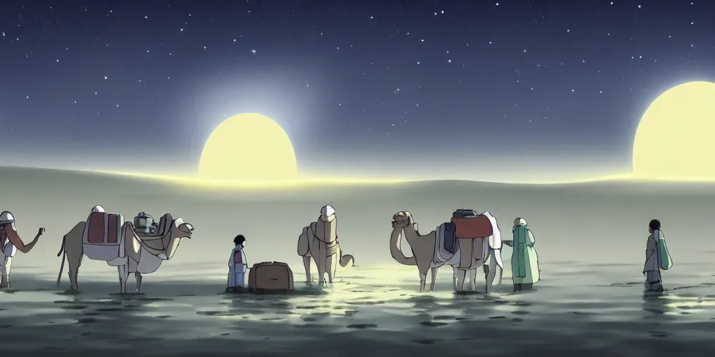 Image similar to a cell - shaded studio ghibli concept art of a silver hovering ufo shining a spotlight on a camel caravan in a flooded stonehenge desert road gas station on a misty starry night. very dull colors, hd, 4 k, hq