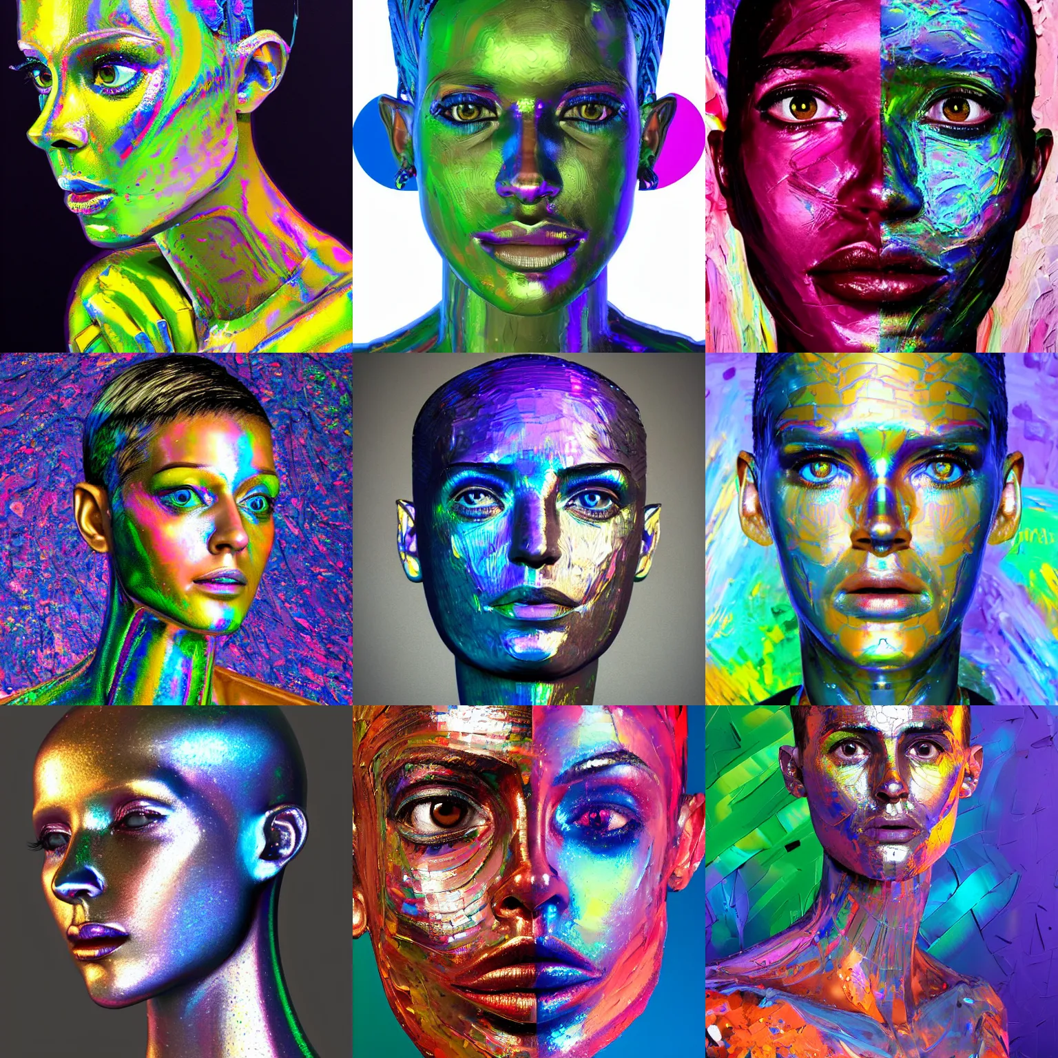 Prompt: 3d render of holographic human robotic head made of glossy iridescent, Face, Palette Knife Painting, Acrylic Paint, Dried Acrylic Paint, Dynamic Palette Knife Oil Paintings, Vibrant Palette Knife Portraits Radiate Raw Emotions, Full Of Expressions, Palette Knife Paintings by Francoise Nielly, surrealistic 3d illustration of a human face non-binary, non binary model, 3d model human, cryengine, made of holographic texture, holographic material, holographic rainbow, concept of cyborg and artificial intelligence