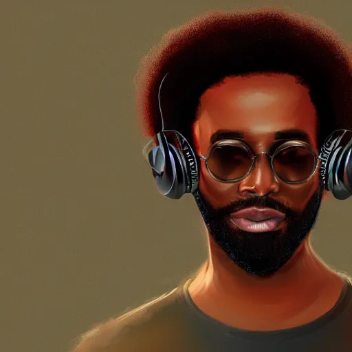 Prompt: portrait of a black man with afro wearing headphones, looking cool, digital painting, artstation