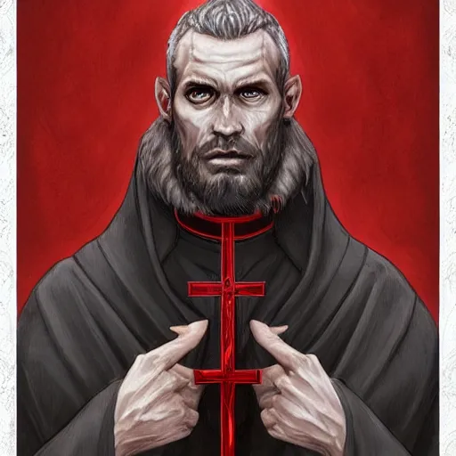 Image similar to portrait of a handsome Catholic priest with red eyes, dark, intricate details, highly detailed, concept art, digital painting, trending on artstation, award-winning. Art by Loran DeSore and Merwild